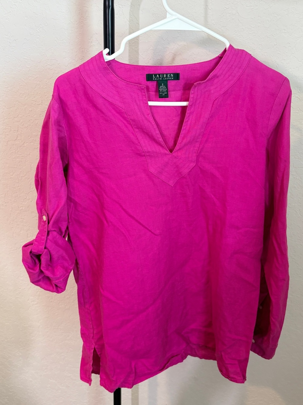 Lauren Ralph Lauren 100% Linen Fuchsia Split V-Neck Tunic